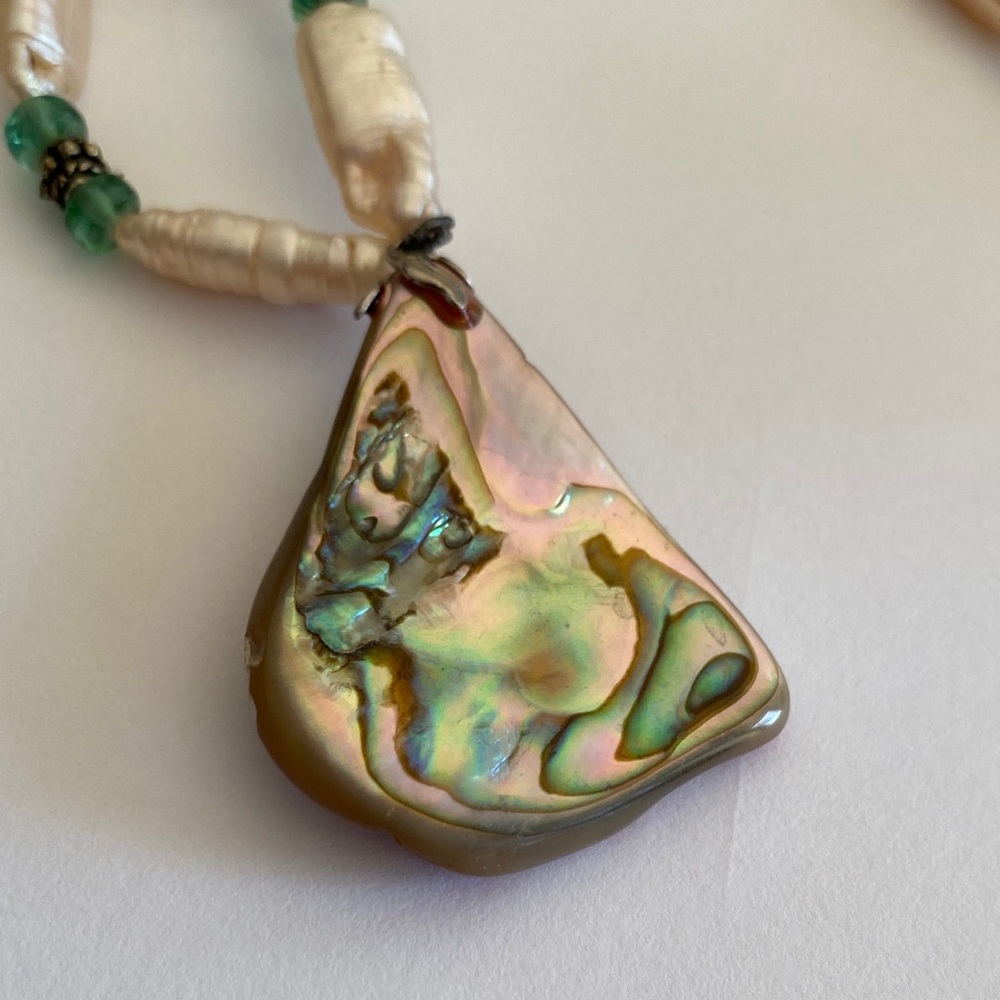 Artisan Iridescent Red Abalone Pendant Necklace with Biwa Pearls
